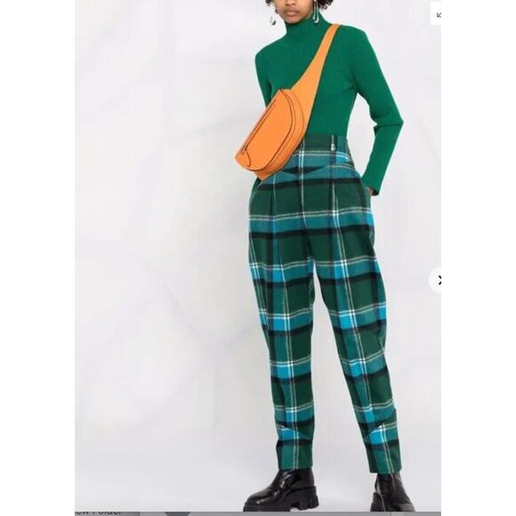 ATHLEISURE ALBERTA FERRETTI Sz 4 S US Green Blue Plaid Pleated Pants - Picture 1 of 11